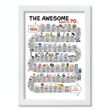 Load image into Gallery viewer, UK | The Road to 70 | 70th Milestone Birthday Print | Born in 1954 or 1955