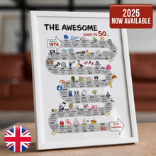 Load image into Gallery viewer, UK | The Road to 50 | 50th Milestone Birthday Print | Born in 1974 or 1975
