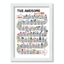 Load image into Gallery viewer, UK | The Road to 60 | 60th Milestone Birthday Print | Born in 1964 or 1965
