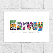 Load image into Gallery viewer, Custom childs name superhero wall art by Stunrosie gifts
