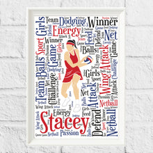 Load image into Gallery viewer, Netball word art gift print word cloud
